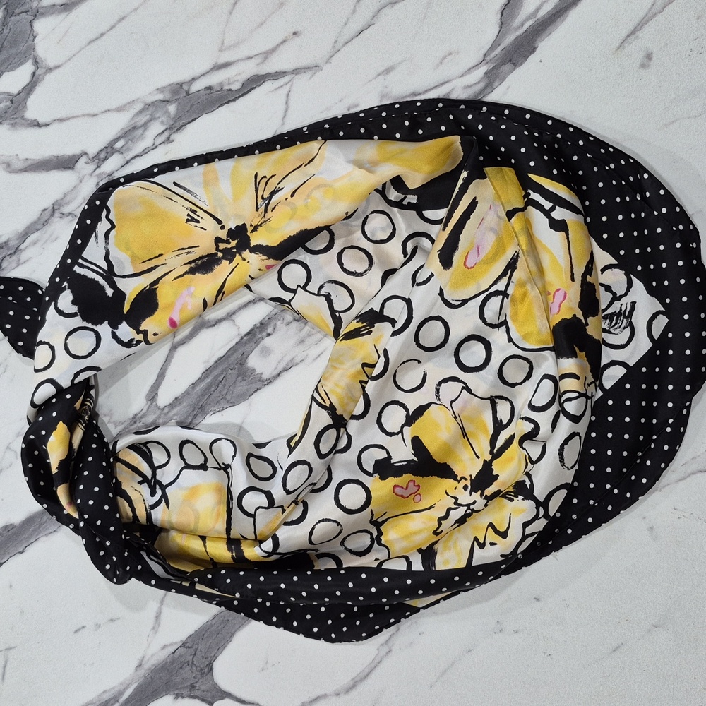 Polka Dot & Floral Scarf, 36x36 Square YellowBlack & White